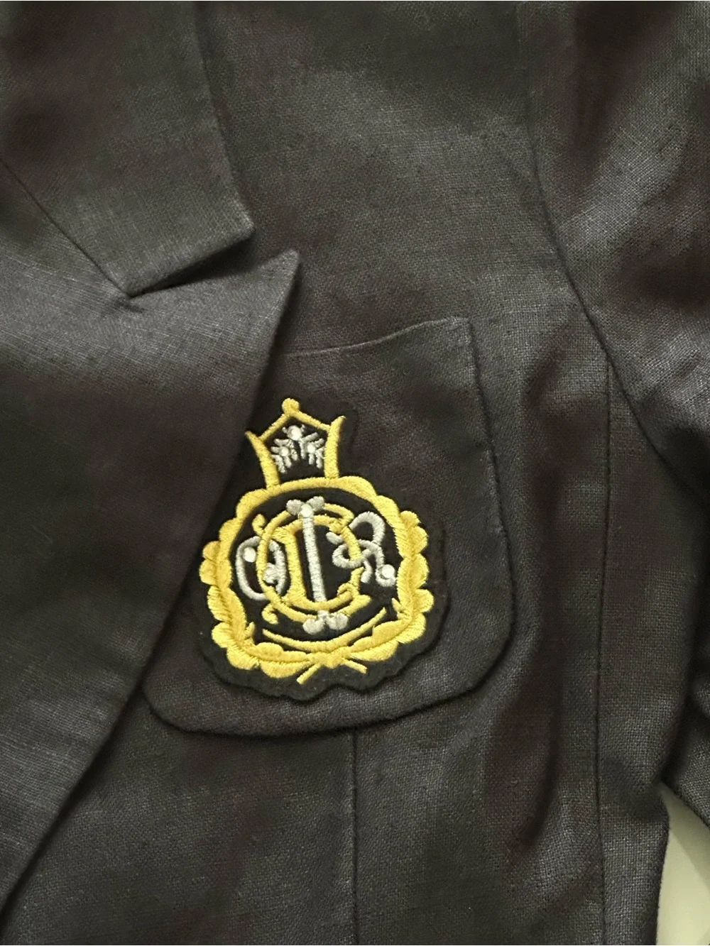 Vintage Dior Navy Linen Double-Breasted Blazer with Gold Crest Patch